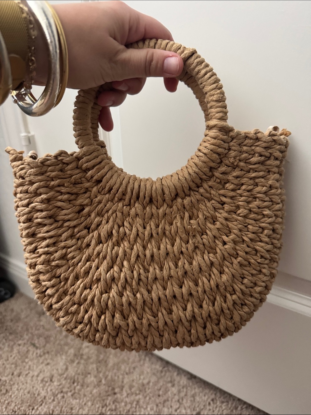 SMALL Woven Straw Circle-Handle Tote Bag in Tan